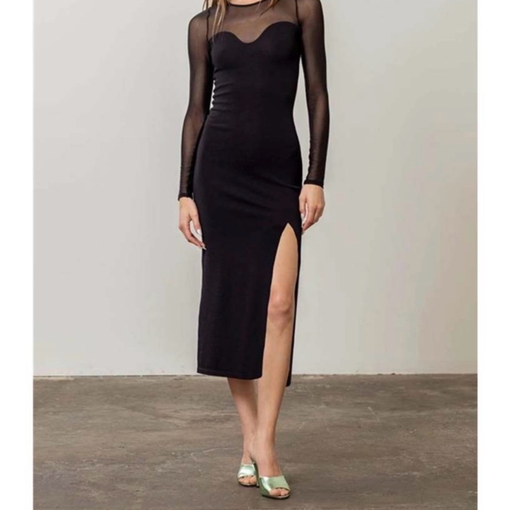 Moon River Black Long Sleeve Mesh Yoke Midi Dress with Side Slit